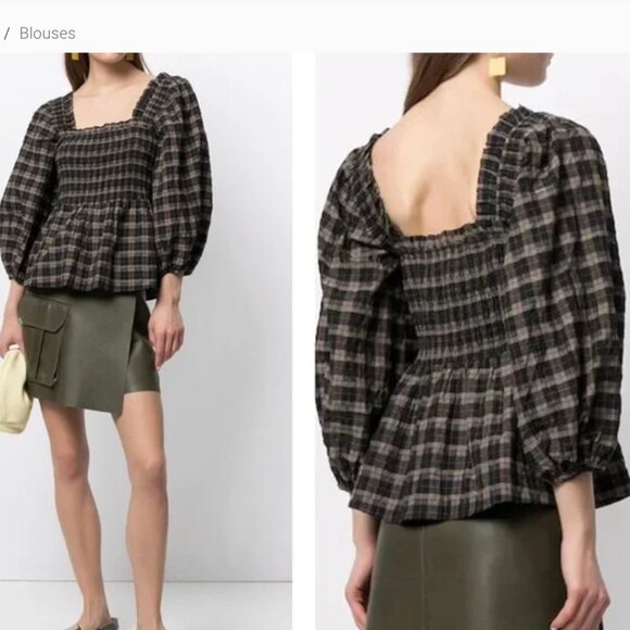 GANNI Checked Seersucker puff-sleeve blouse size EU 40 - Picture 3 of 8